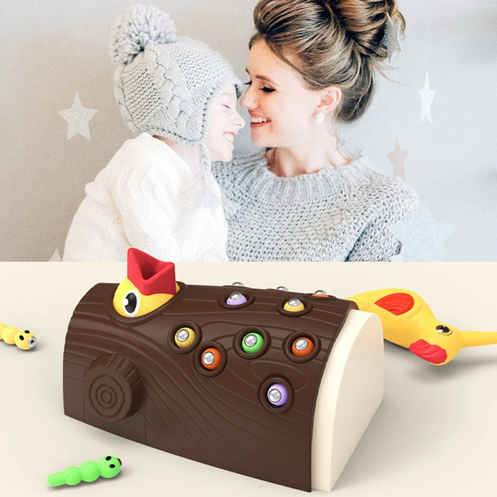 Juguete Montessori de Madera para Bebés – Juego Magnético de Pájaro Carpintero y Gusanos