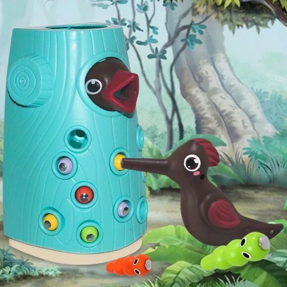 Juguete Montessori de Madera para Bebés – Juego Magnético de Pájaro Carpintero y Gusanos
