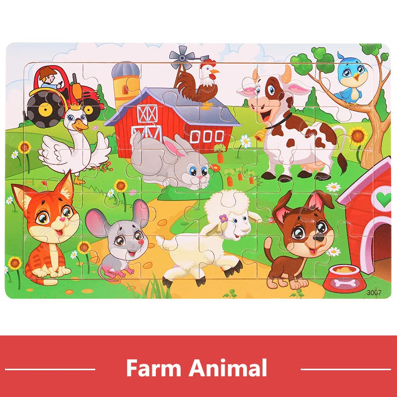 Rompecabezas de madera de 30 piezas de animales y tráfico, educativo y Montessori para niños.