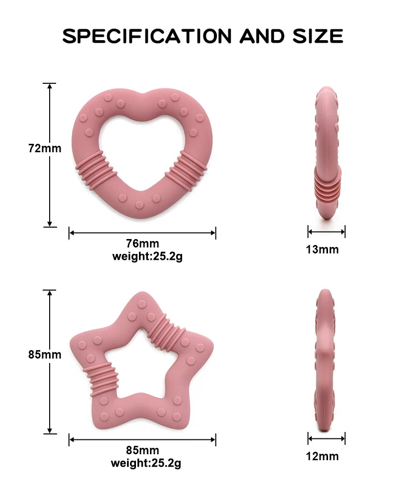 Nuevo 2024 estrella mordedor de silicona Grado alimenticio juguete para la dentición de bebé en forma de corazón.