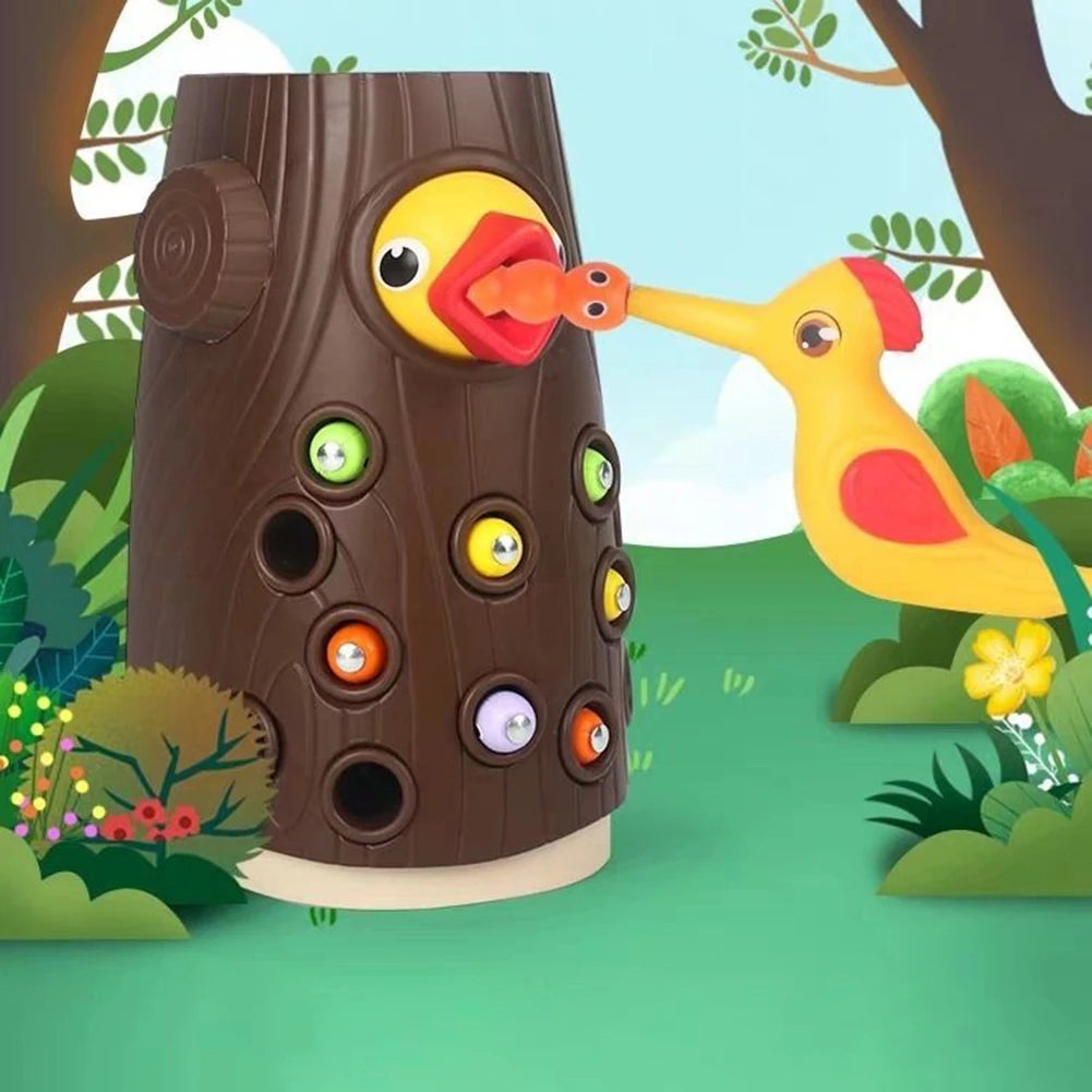 Juguete Montessori de Madera para Bebés – Juego Magnético de Pájaro Carpintero y Gusanos