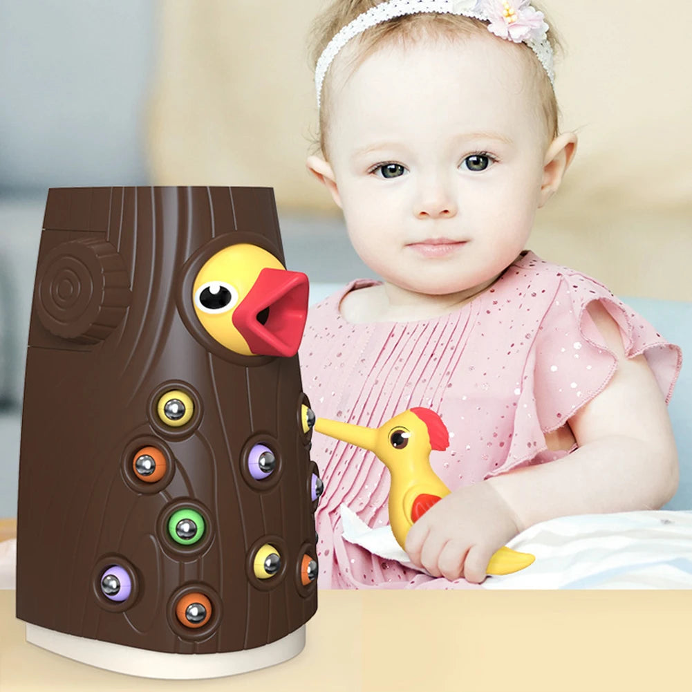 Juguete Montessori de Madera para Bebés – Juego Magnético de Pájaro Carpintero y Gusanos