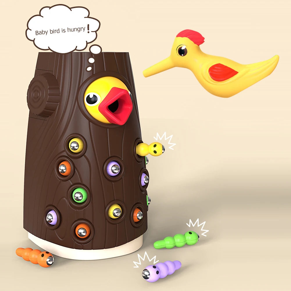 Juguete Montessori de Madera para Bebés – Juego Magnético de Pájaro Carpintero y Gusanos