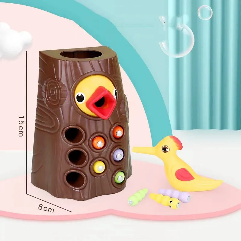 Juguete Montessori de Madera para Bebés – Juego Magnético de Pájaro Carpintero y Gusanos