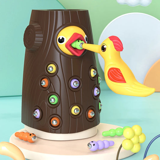 Juguete Montessori de Madera para Bebés – Juego Magnético de Pájaro Carpintero y Gusanos