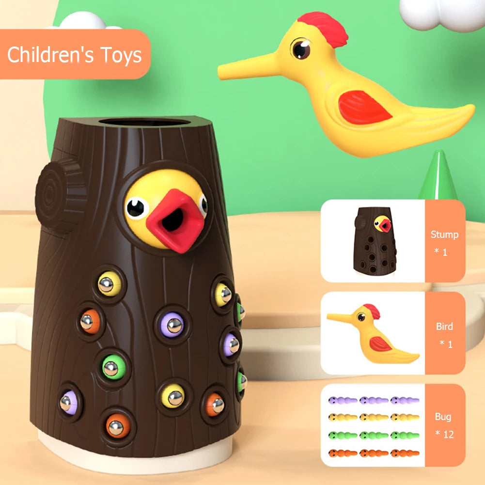 Juguete Montessori de Madera para Bebés – Juego Magnético de Pájaro Carpintero y Gusanos