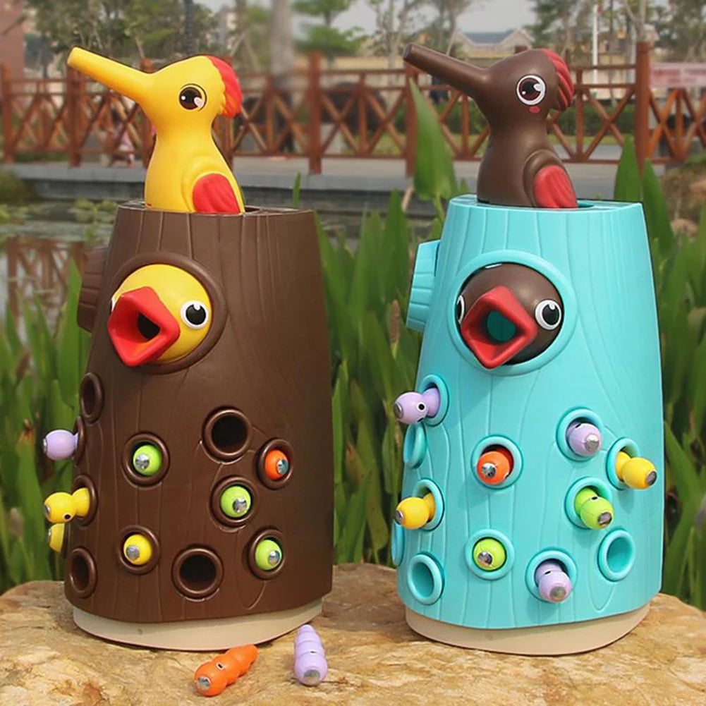 Juguete Montessori de Madera para Bebés – Juego Magnético de Pájaro Carpintero y Gusanos